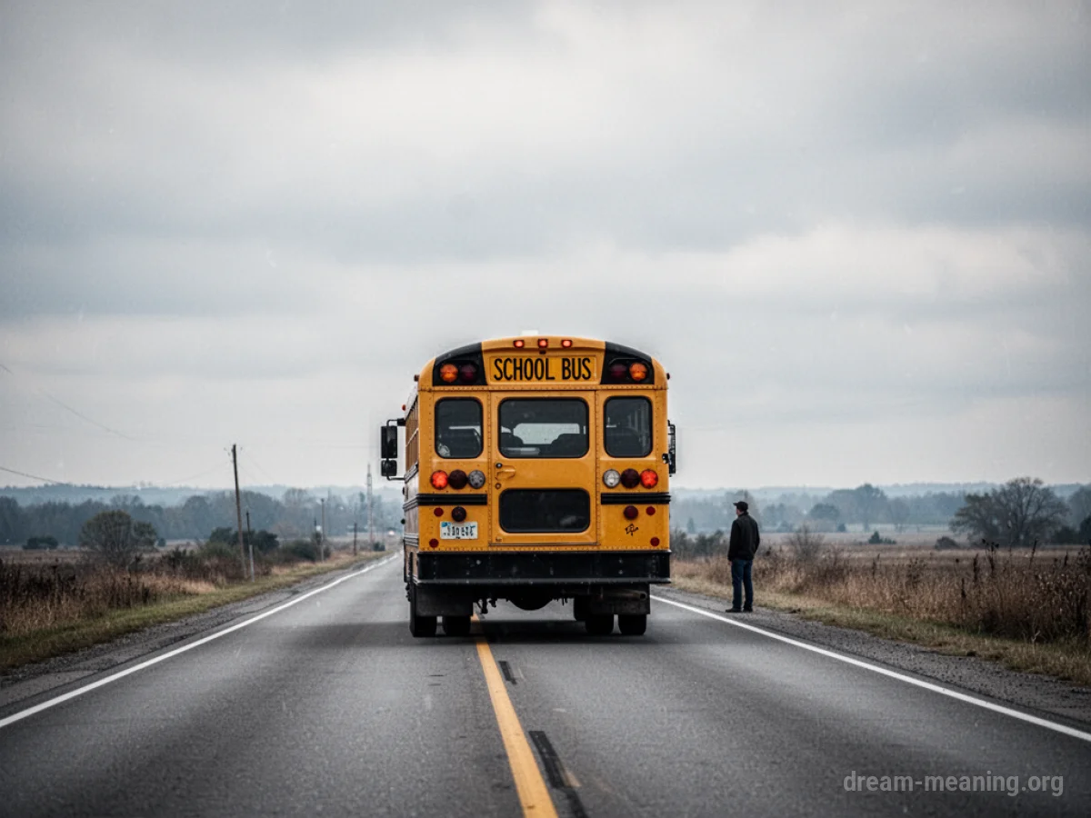 An empty school bus drives away down a road, leaving a person behind.