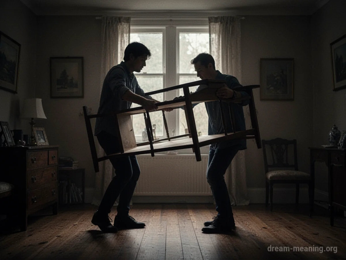 Silhouette of a person moving furniture in a room.