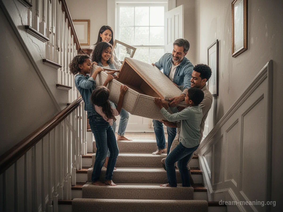 A family carries a large sofa up a set of stairs.