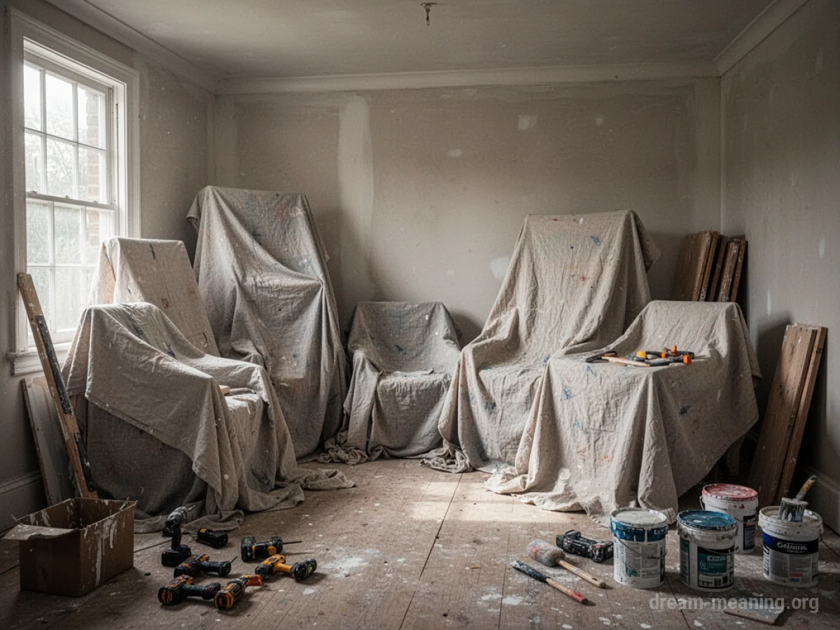A room undergoing renovation with furniture covered and rearranged.