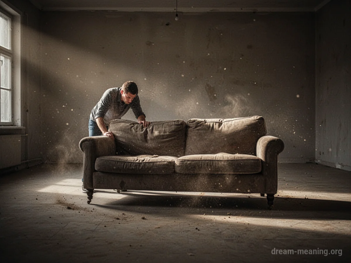 A lone figure pushing a sofa across a dimly lit room.