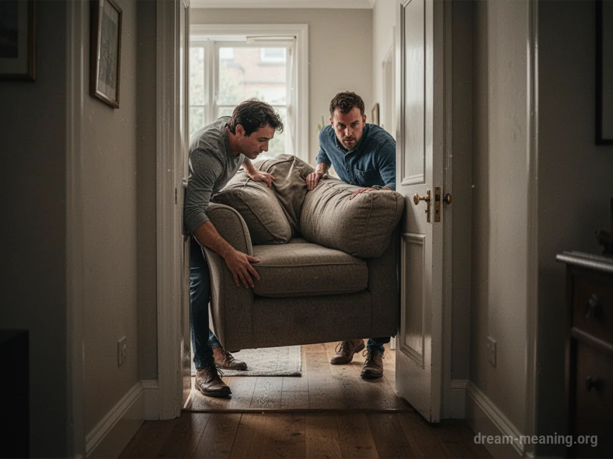 A person struggling to move a sofa through a tight doorway.