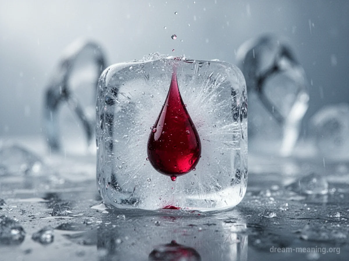 A single drop of red liquid encased in clear ice.