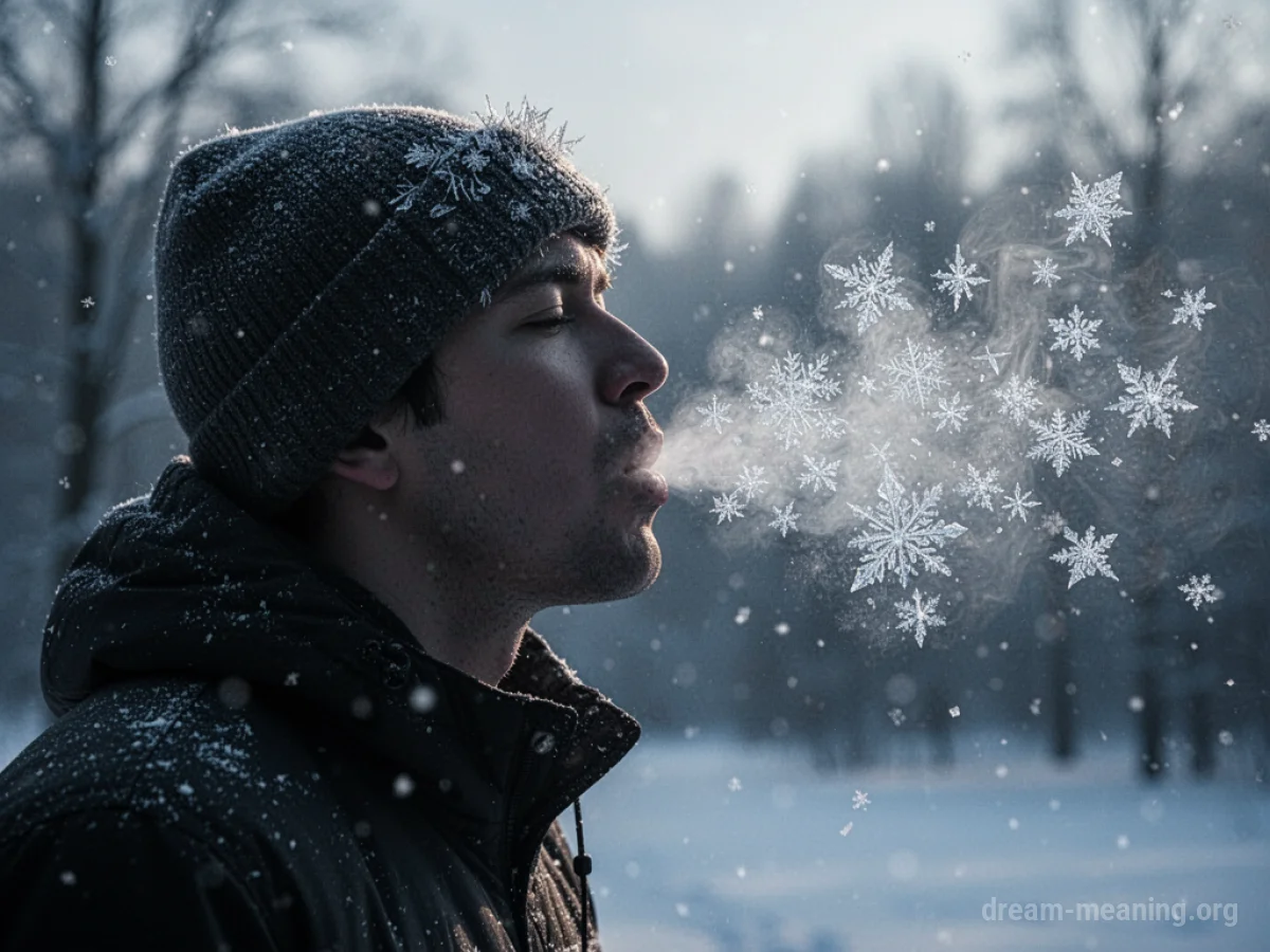 Silhouette of a person exhaling visible ice crystals in cold air.