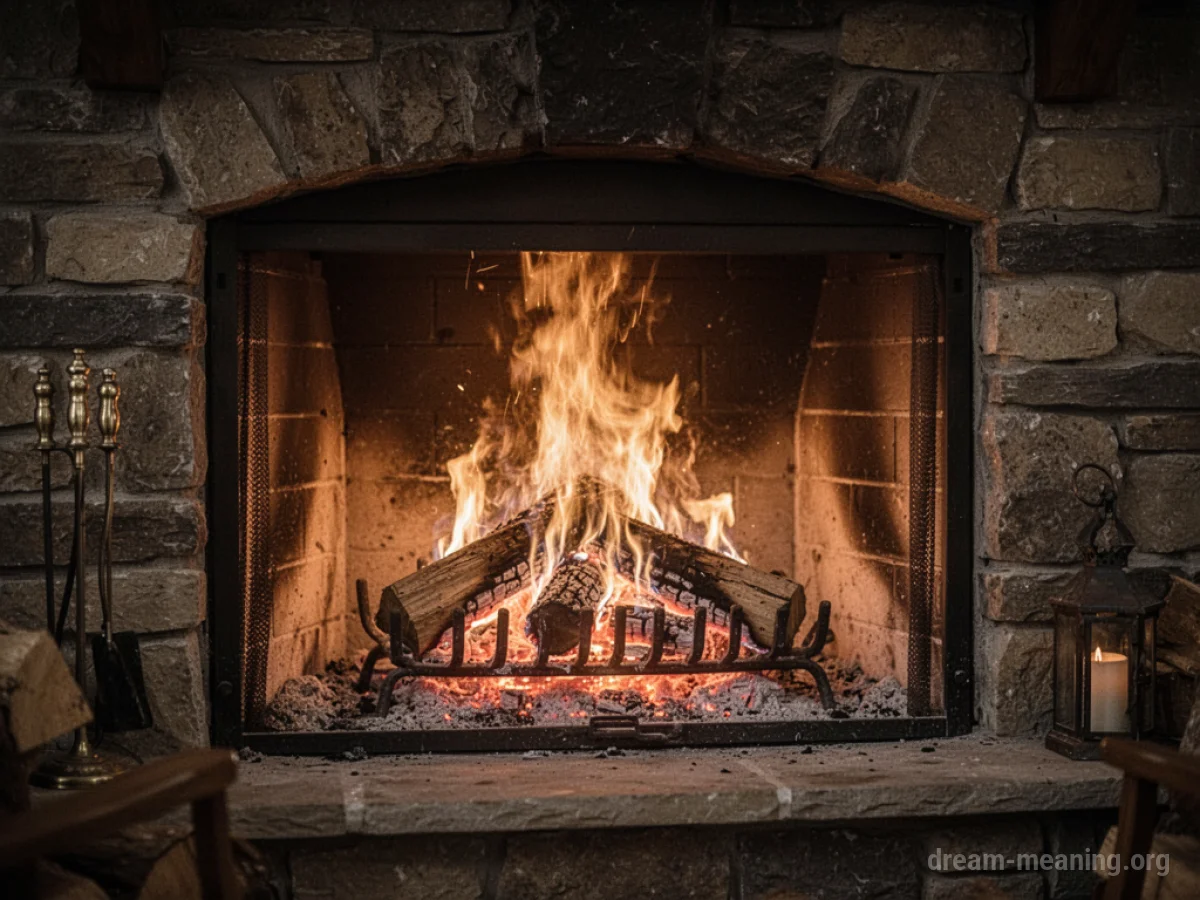A glowing fireplace with visible flames.