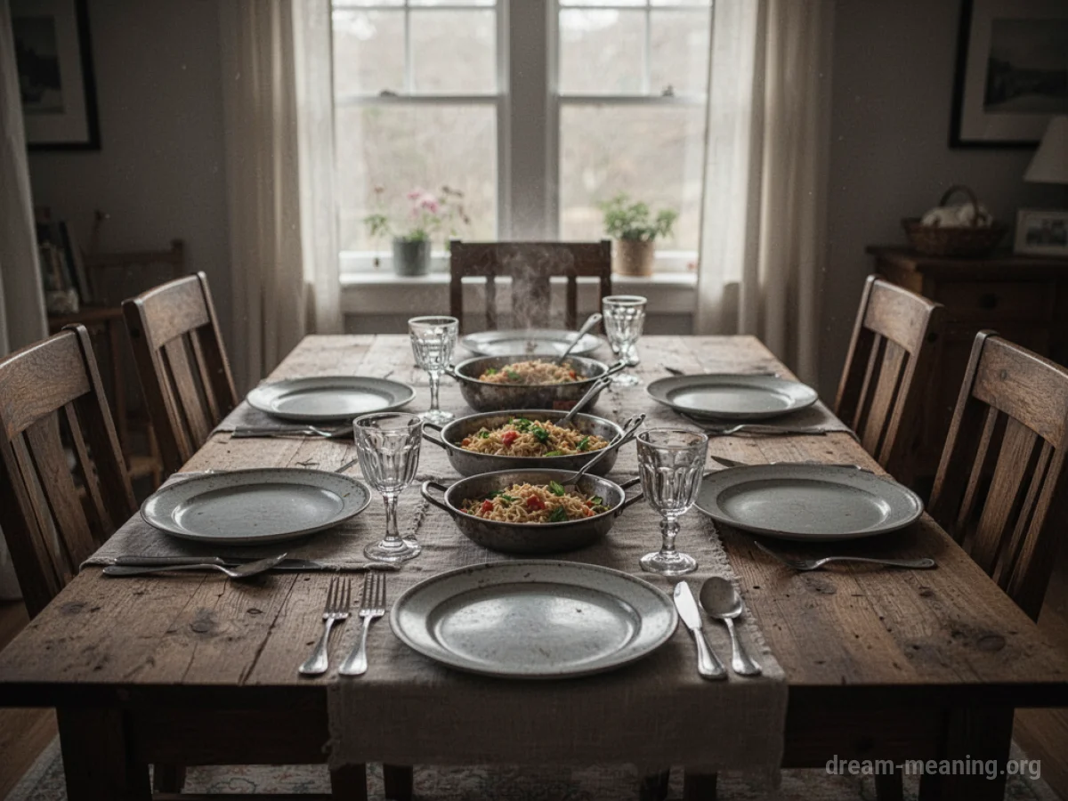 An empty dining table prepared for a meal with no food on the plates.