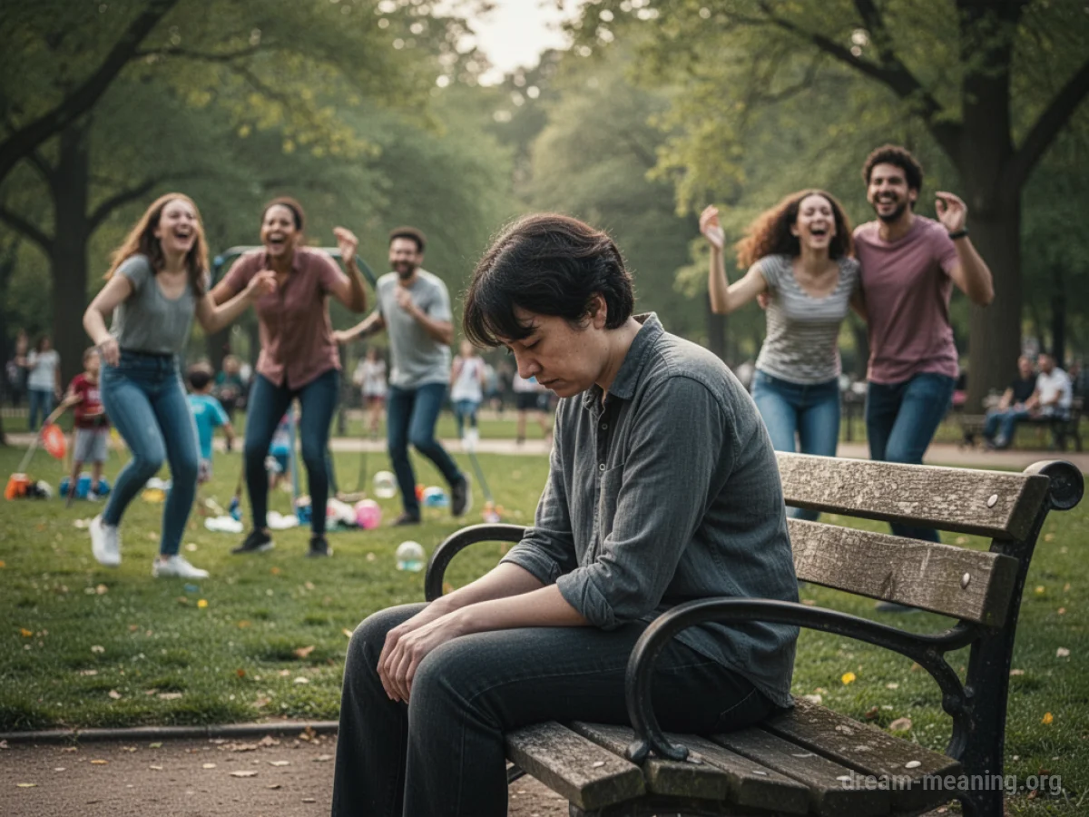 A solitary figure on a park bench with blurred, joyful figures in the distance.