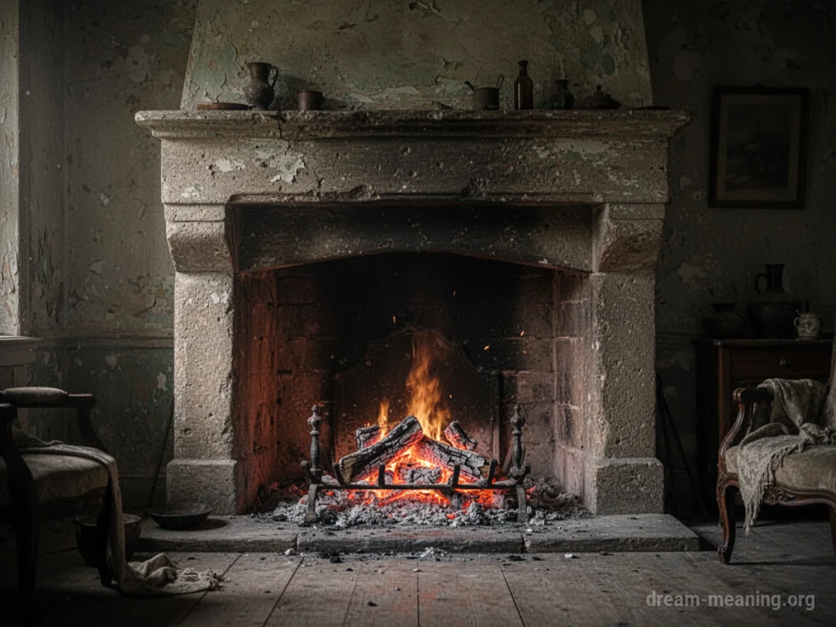 An old stone fireplace with a gentle glow from within.