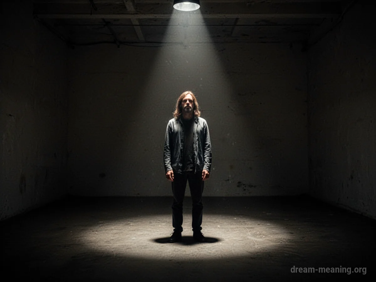 A person stands alone in a dimly lit room.
