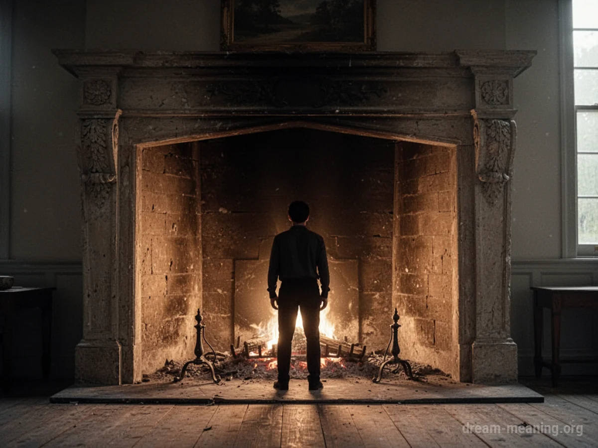 Silhouette of a person standing inside a stone fireplace.