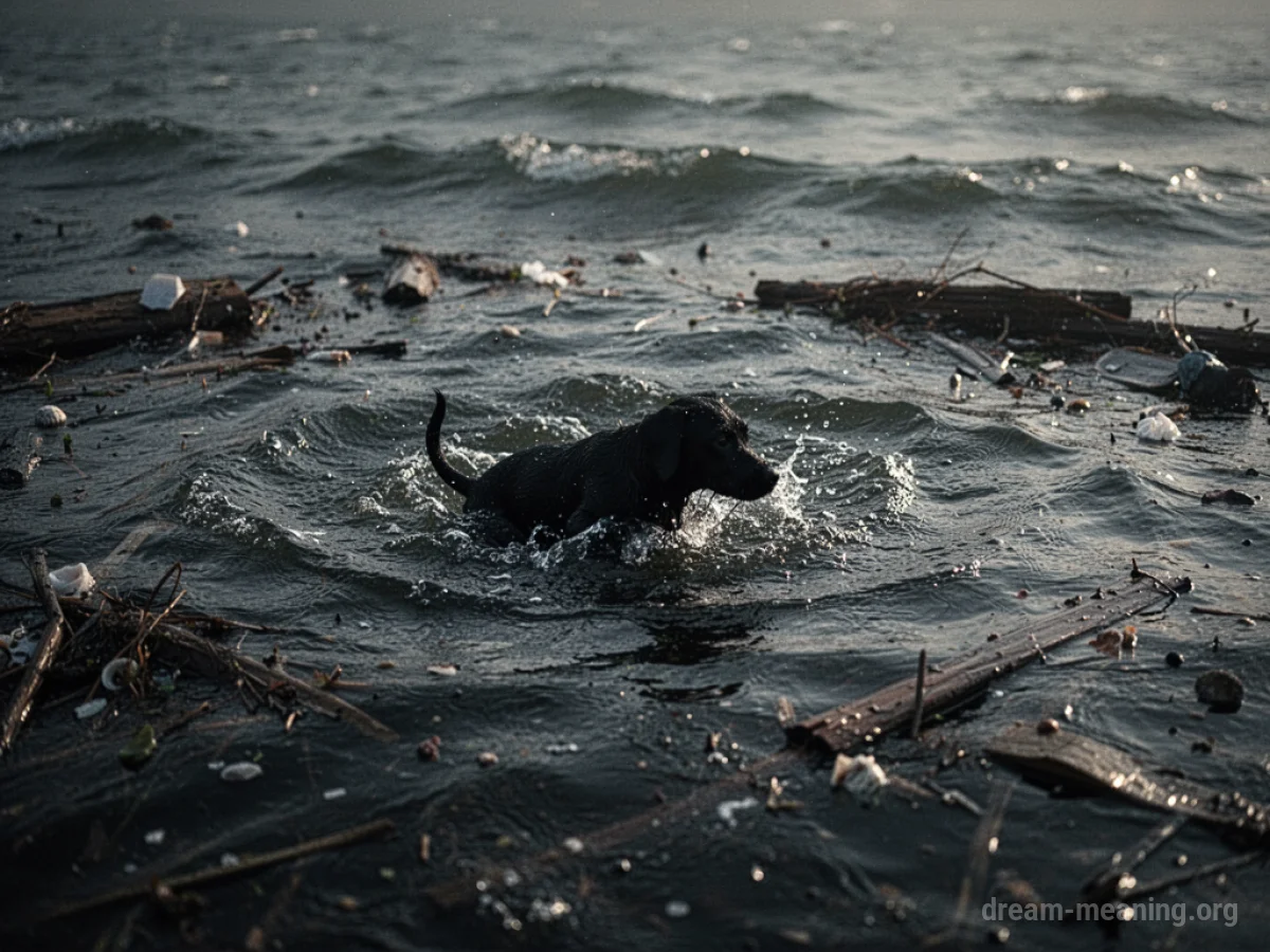 Silhouette of a small animal in churning dark water.