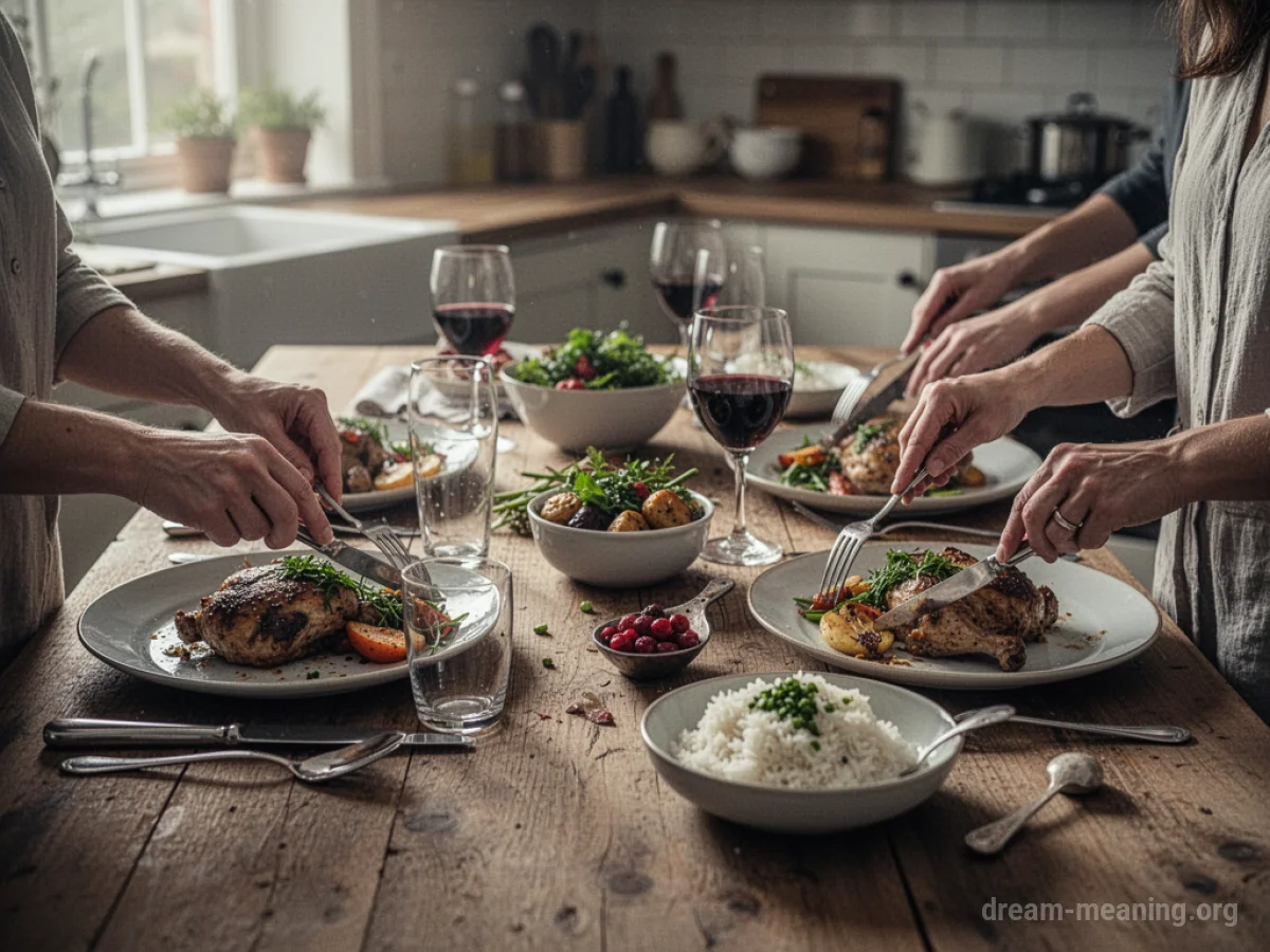 A dining table with plates of food being arranged.