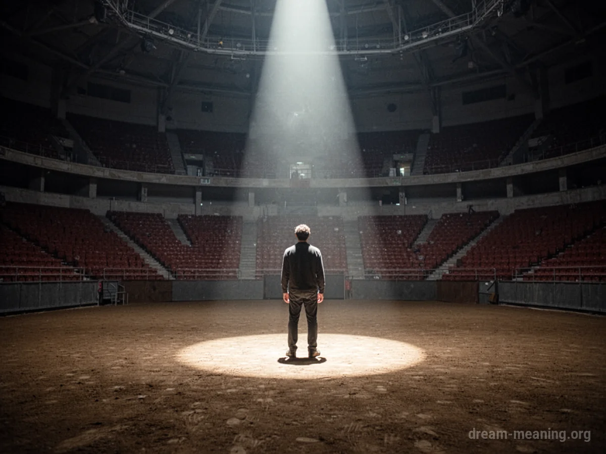 A lone figure illuminated by a spotlight on an empty stage.