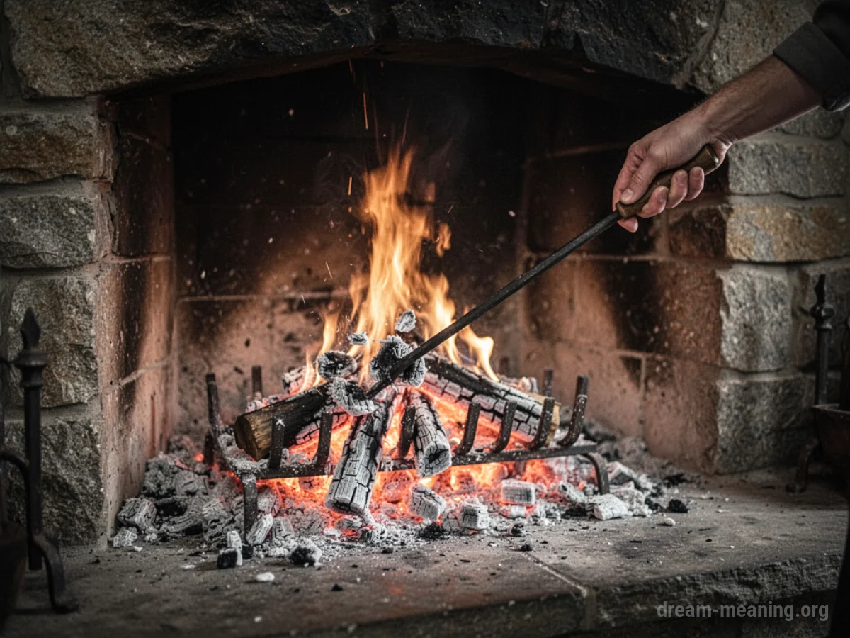 A hand using a poker to dampen flames in a fireplace.