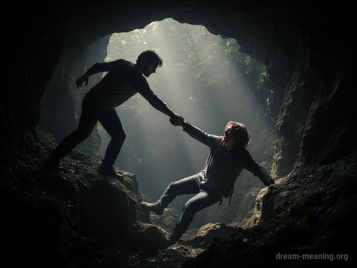 Silhouette of a person pulling another person from darkness.