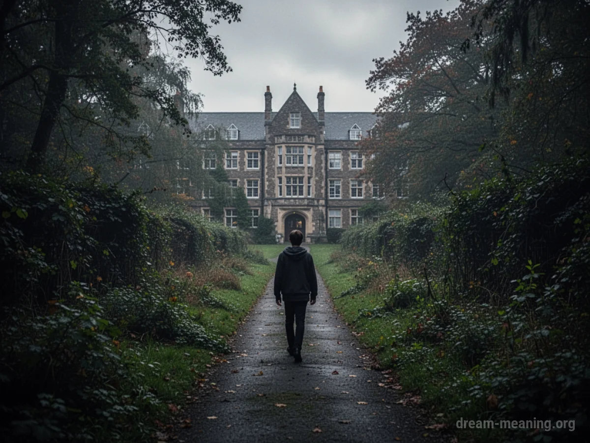A solitary person on a dark path leading away from a large, shadowed school.