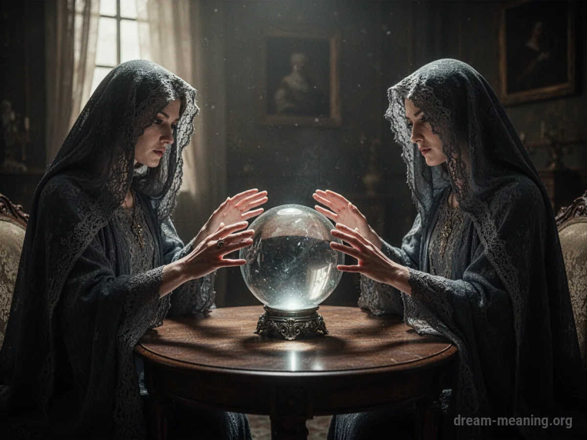 A person looking at a fortune teller across a table in a dimly lit room.