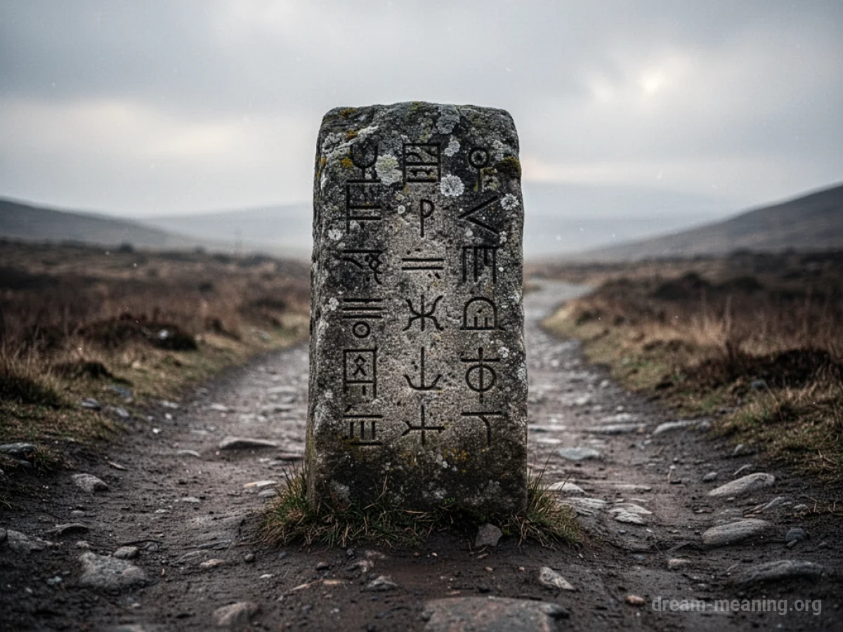 A stone marker with carved symbols on a path.