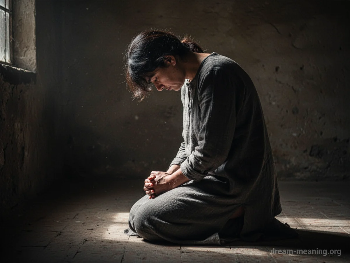 A person kneeling with head bowed.