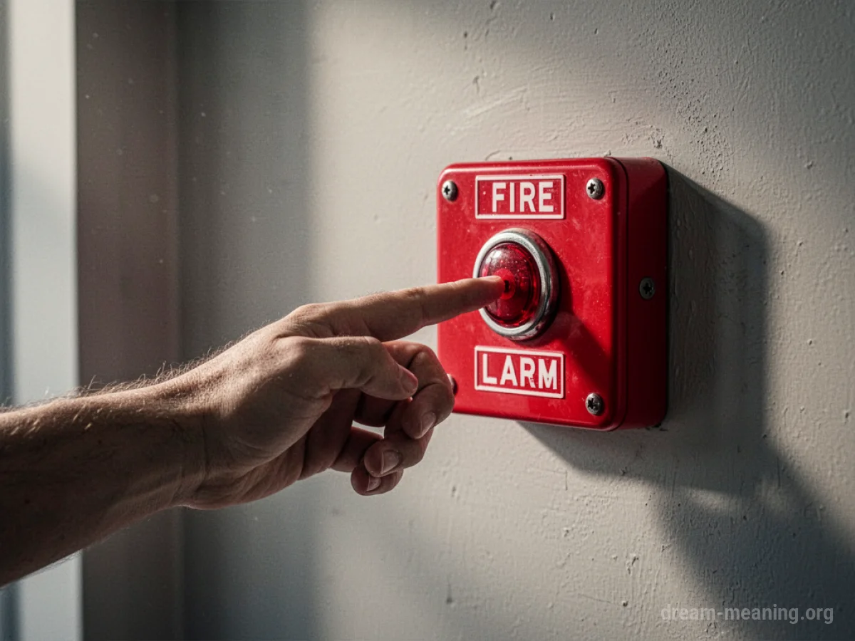 A close-up of a person's hand pressing a red fire alarm button.