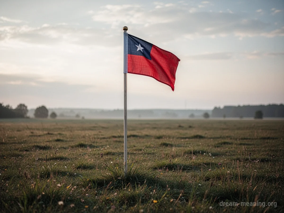 A small flagpole stands in a wide, empty field under a clear sky.