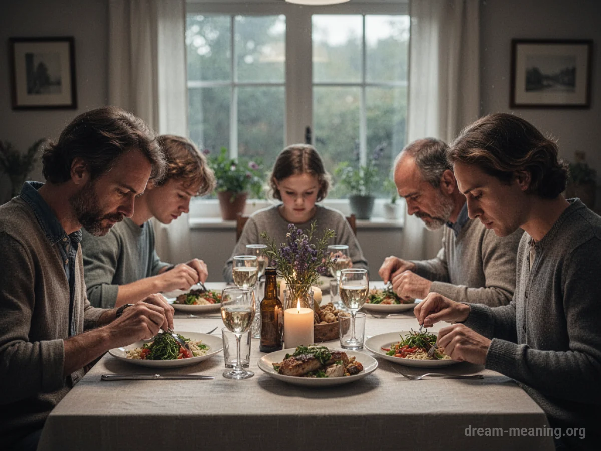A family seated around a dinner table, each person looking intently at their plate, with empty space between them.