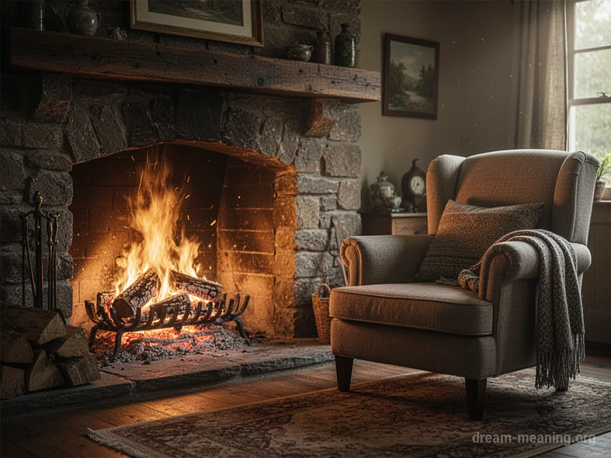 A lit fireplace with an armchair in front of it.