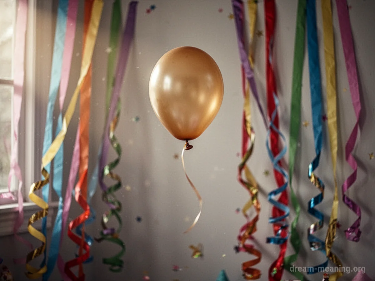 A deflated balloon drifts away from party decorations.