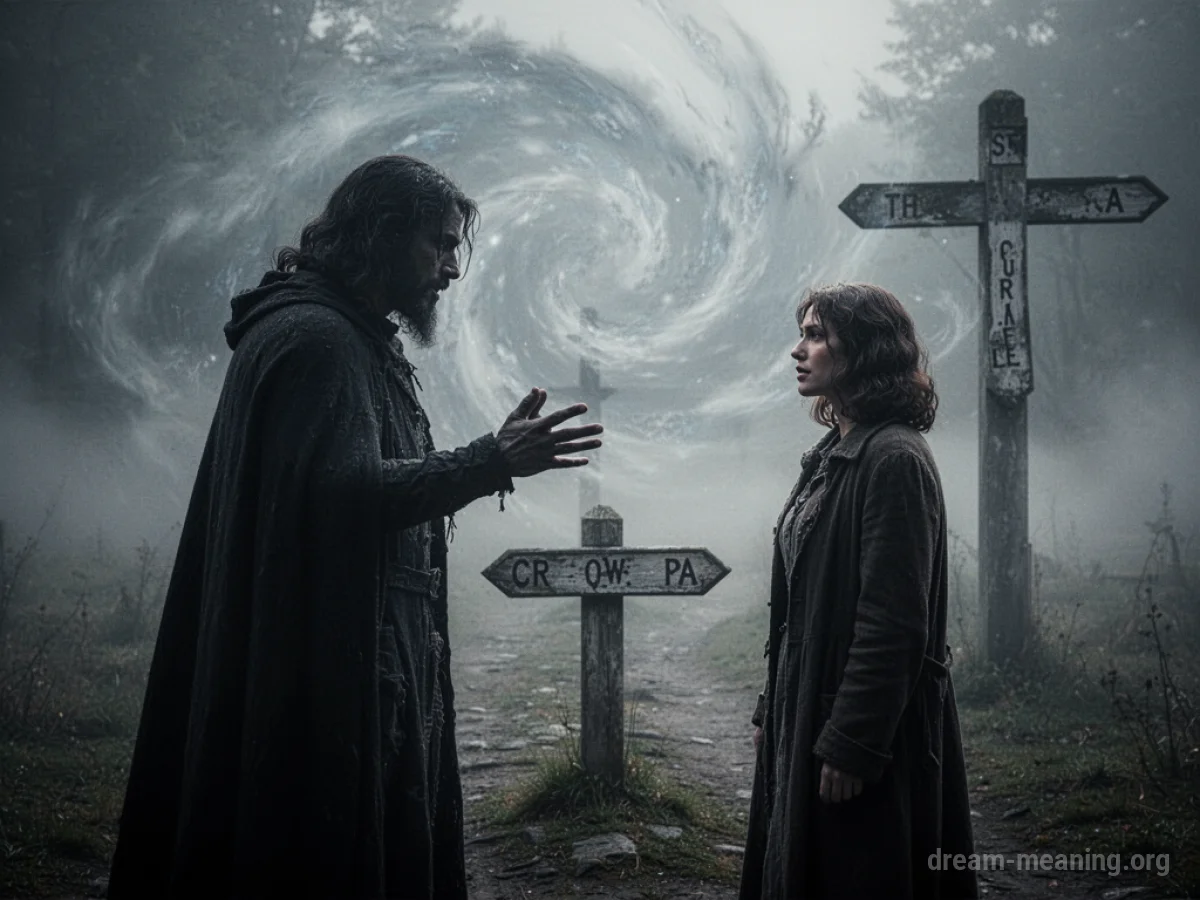 A person stands at a crossroads while a shadowy figure gestures towards them.