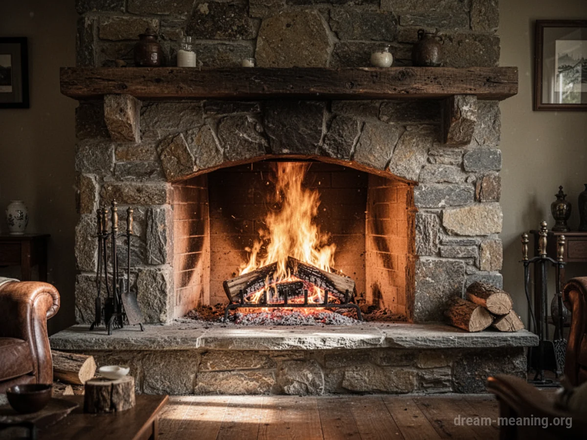 A stone fireplace with a lit fire.