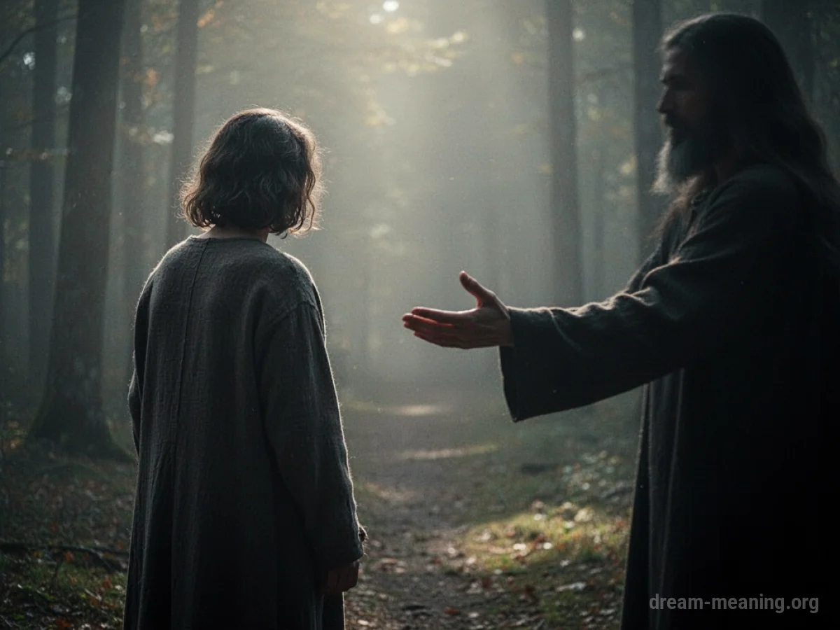 A shadowy figure extends a hand towards a person standing in soft light.