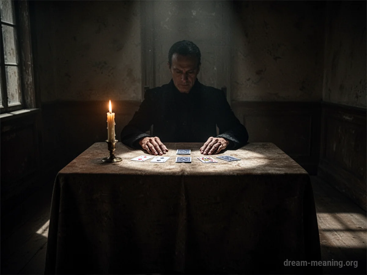 Silhouette of a person sitting at a table with playing cards, in a dimly lit room.