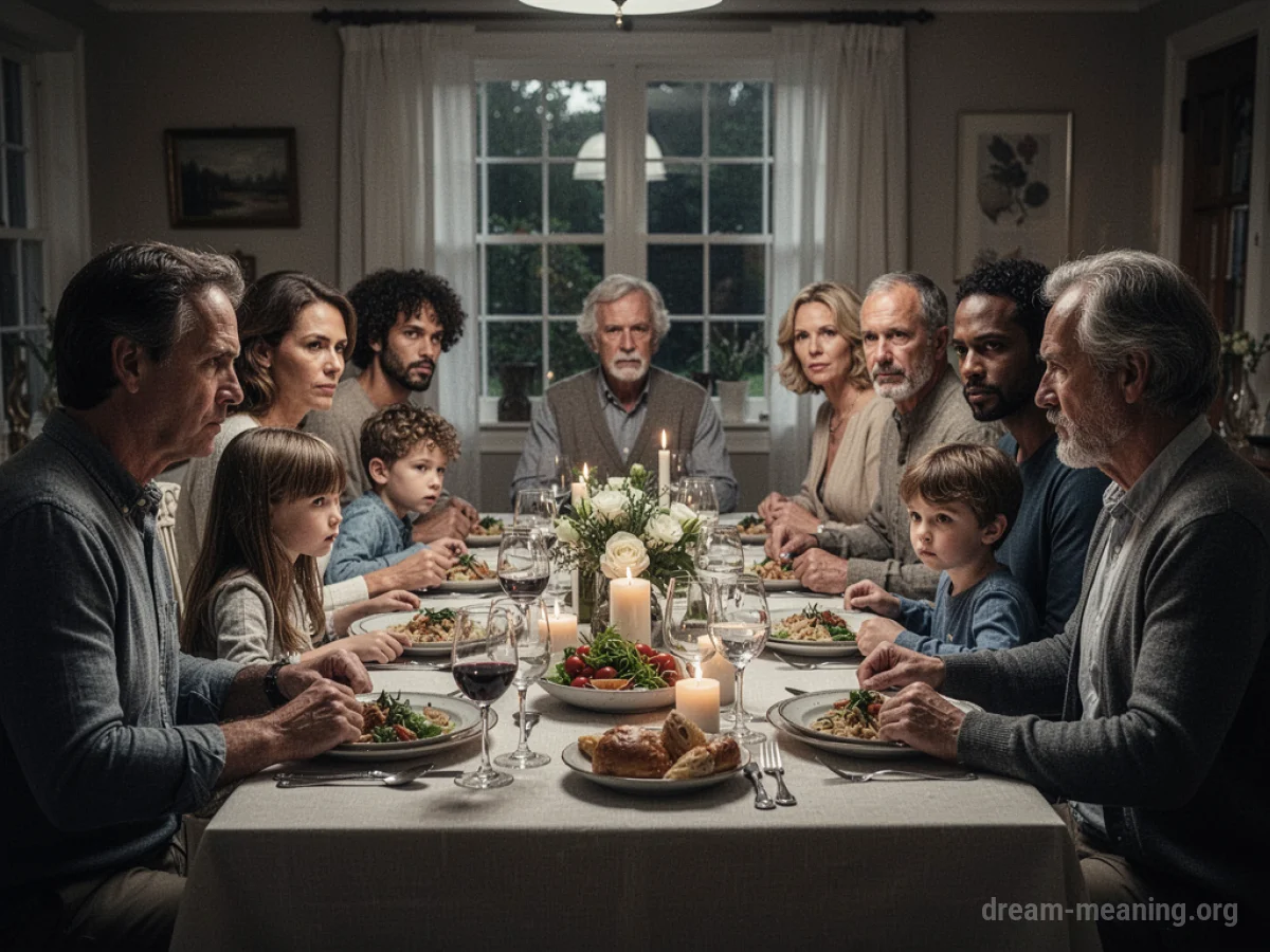 A family sits at a dining table with several unknown individuals present.