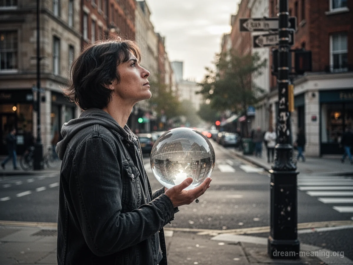 A fortune teller looking into a crystal ball on a city street.