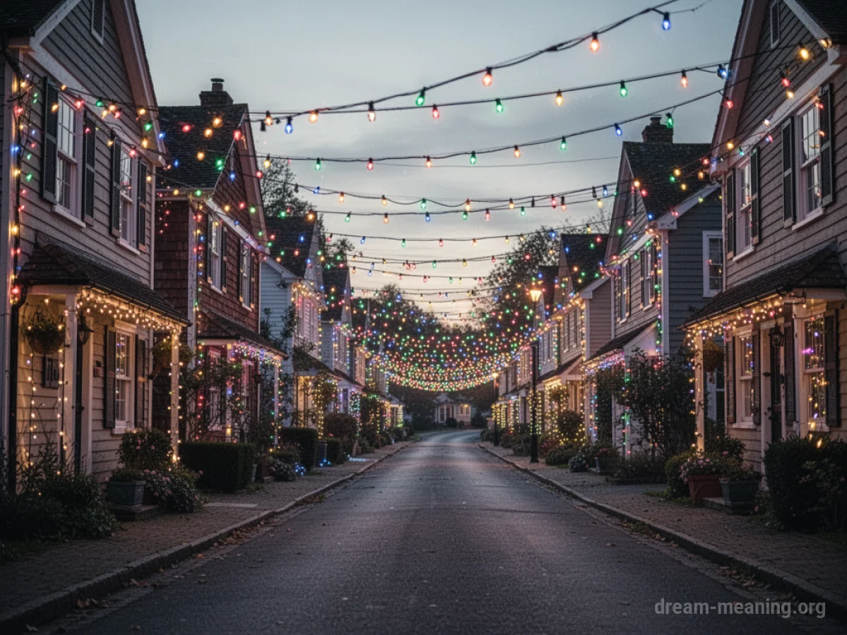 Overhead festival lights illuminating a residential street at night.