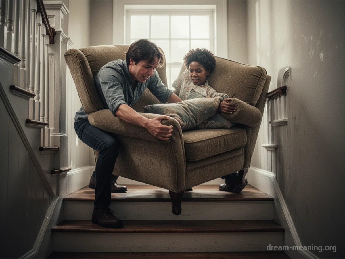 Person straining to push a large armchair up a staircase.