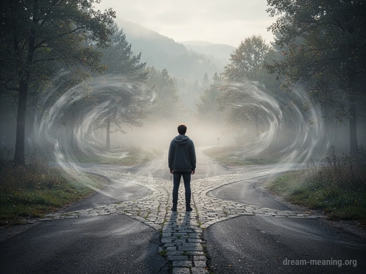 A person stands at a fork in a path shrouded in fog.