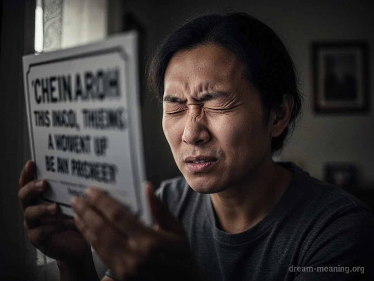 A person squinting at a blurry sign.