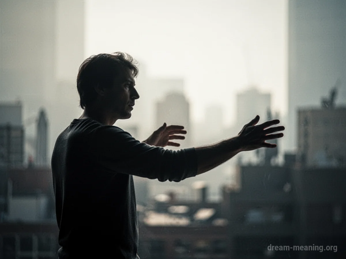 Silhouette of a person reaching towards distant, indistinct shapes.