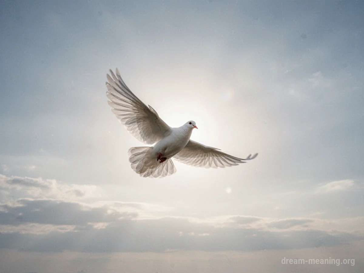 A white dove in flight against a bright sky.
