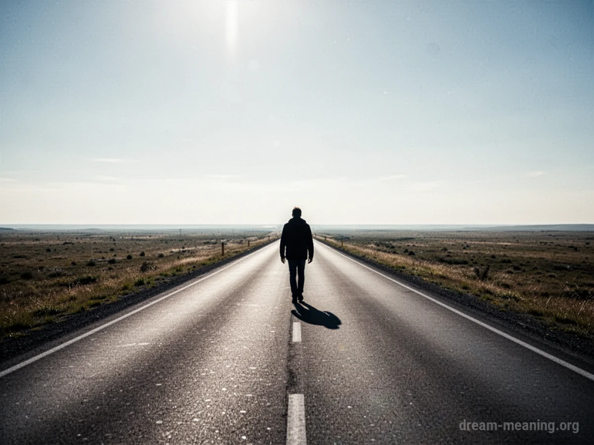 A person walking on a long, straight road leading to a distant horizon.