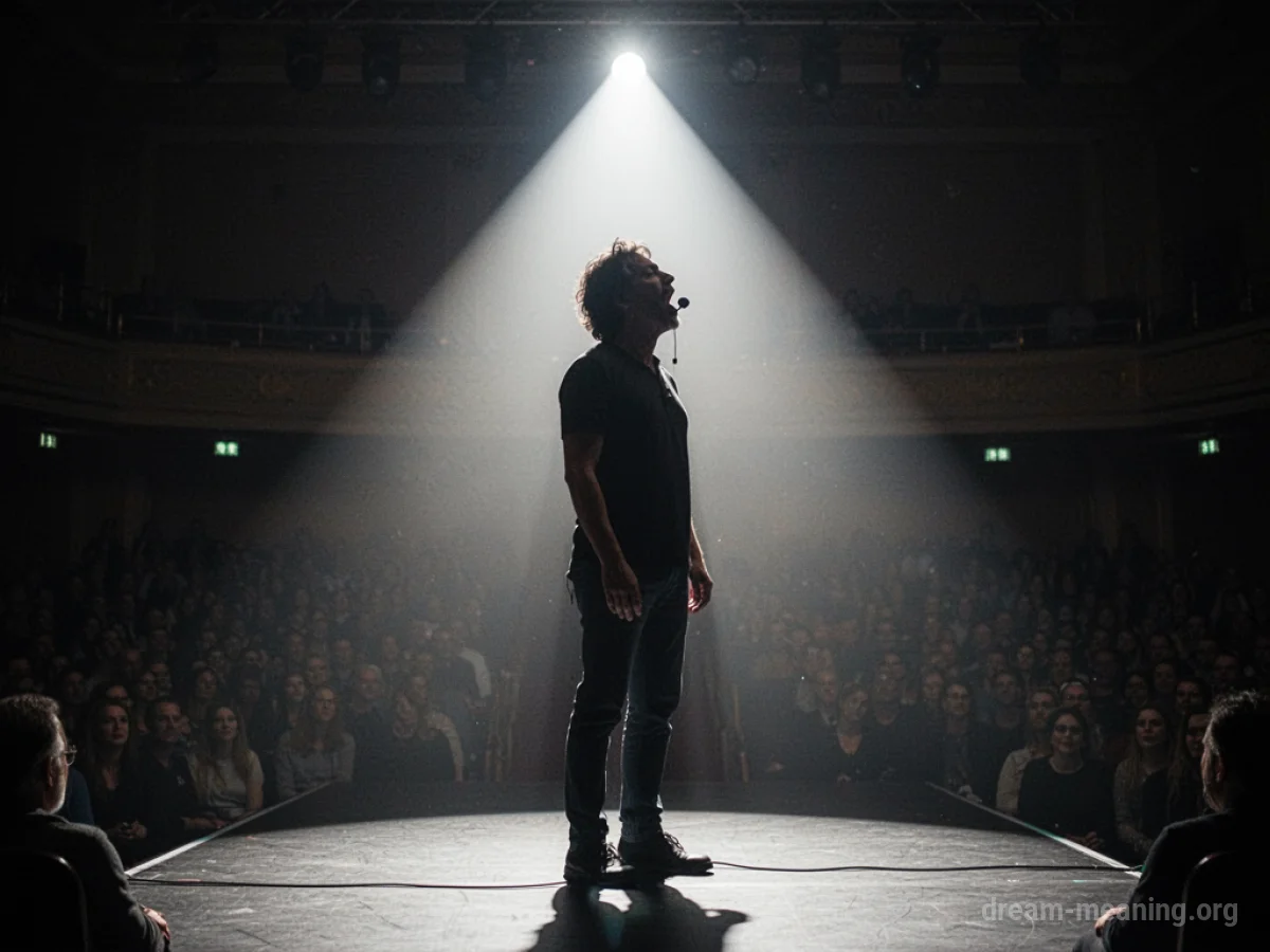 Silhouette of a person speaking into a microphone on a stage under a spotlight.