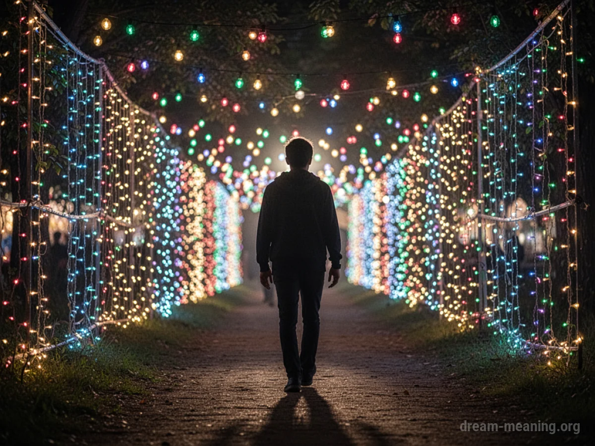 A person walking on a path illuminated by colorful, hanging festival lights.