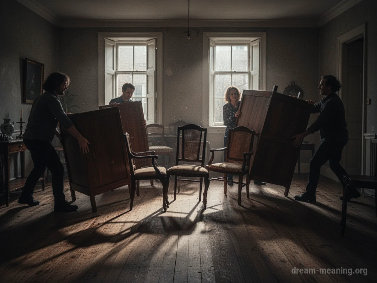 Silhouettes of figures moving furniture in a room.