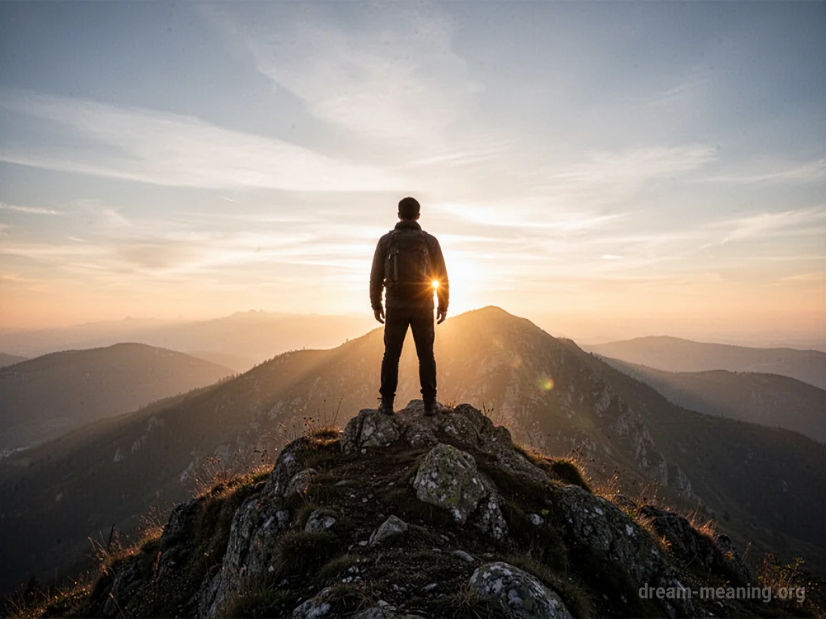 Silhouette of a person on a mountain peak at sunrise.