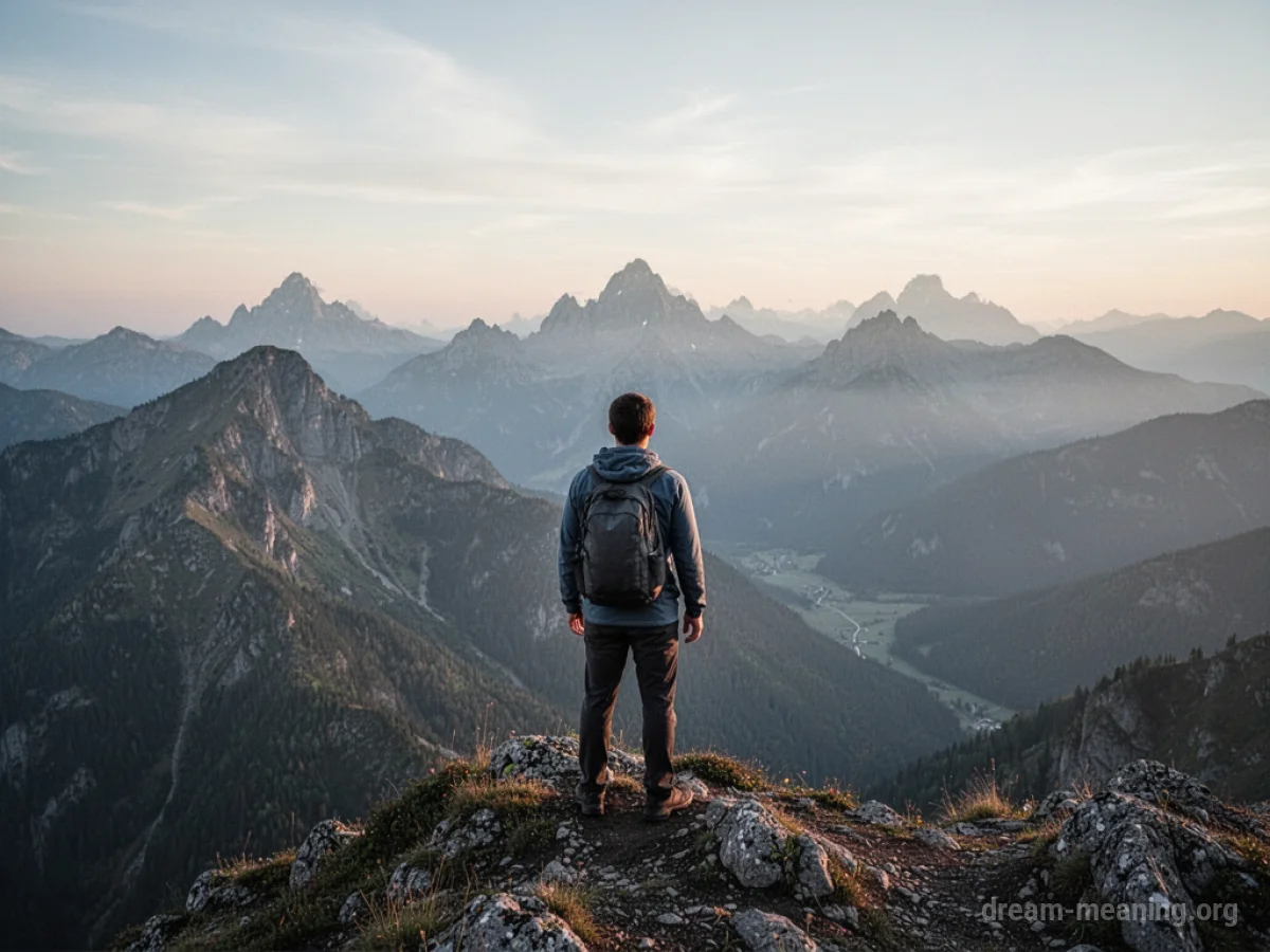 A lone figure surveys a landscape dotted with multiple mountain summits.