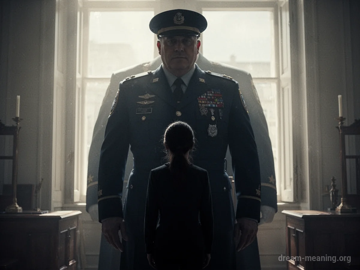 Silhouette of a small figure facing a large uniformed figure.