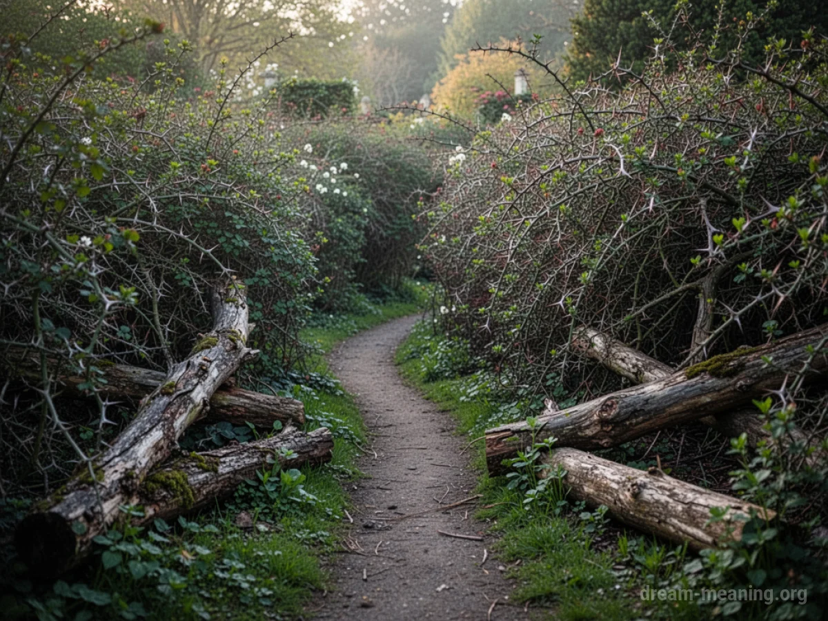 A garden path ends abruptly at a wall of thorny bushes.
