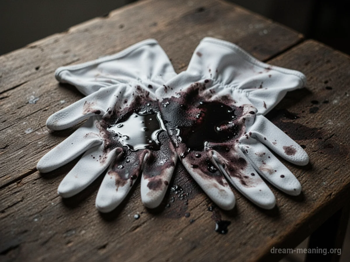 Two white gloves with dark stains on a wooden table.