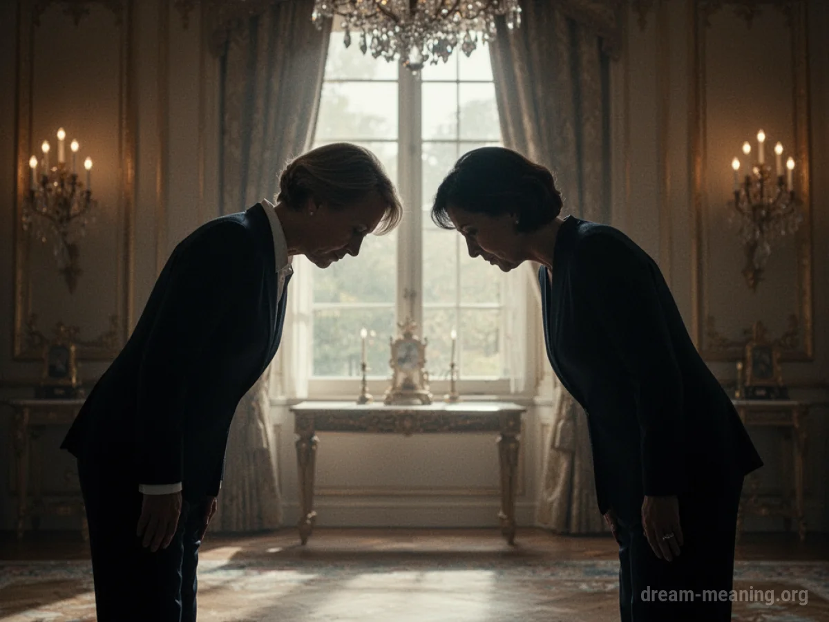 Silhouettes of two people bowing towards each other.